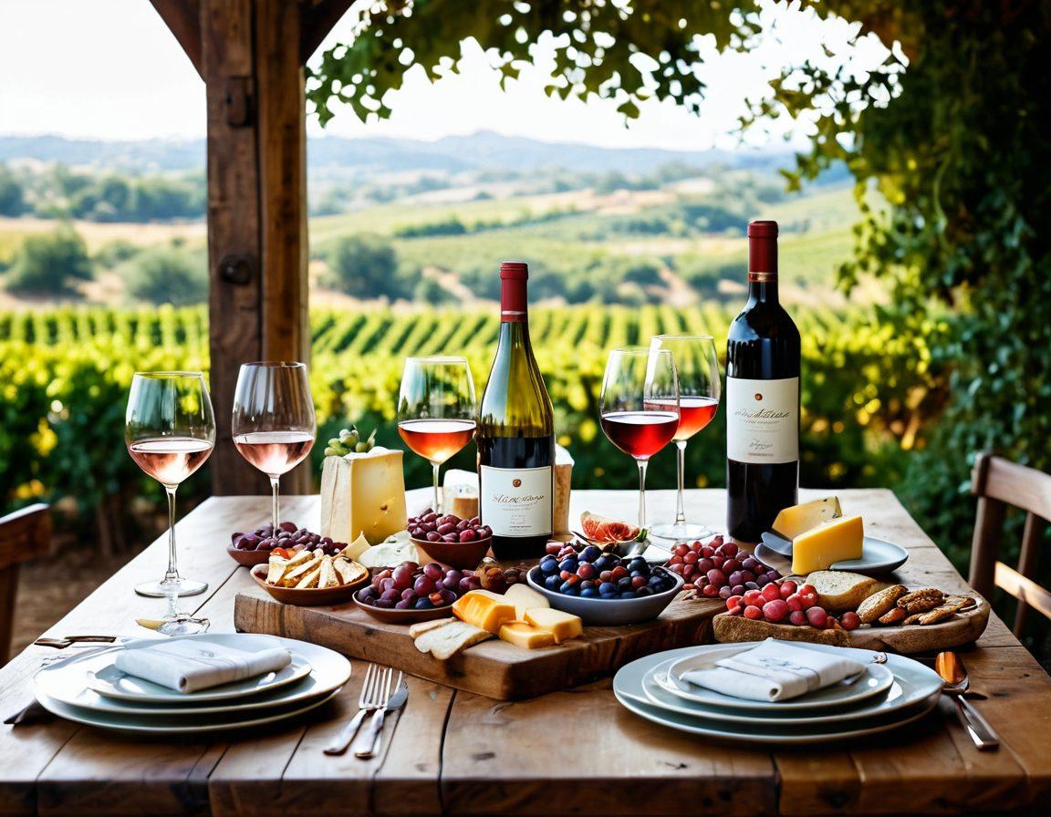 An elegant wine tasting scene featuring a table adorned with an array of red, white, and rosé wines in beautiful glasses, each wine prominently showcased with vibrant labels. Surrounding the table are delectable food pairings like gourmet cheese, fresh fruits, and artisan bread, all set against a rustic vineyard backdrop. Soft warm lighting enhances the inviting atmosphere, inviting viewers to imagine the delightful tasting experience. super-realistic. vibrant colors. warm lighting.