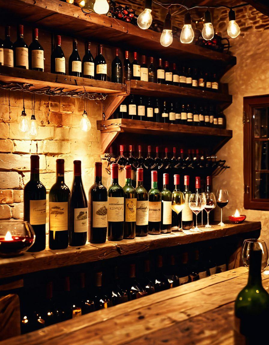 A cozy rustic wine cellar filled with vintage wine bottles, surrounded by warm candlelight. A cheerful group of friends toasting with glasses of rich red wine, festive decorations in the background, like twinkling lights and garlands. The atmosphere radiates joy and celebration, inviting readers to indulge in a vintage wine adventure. super-realistic. warm colors. soft focus.
